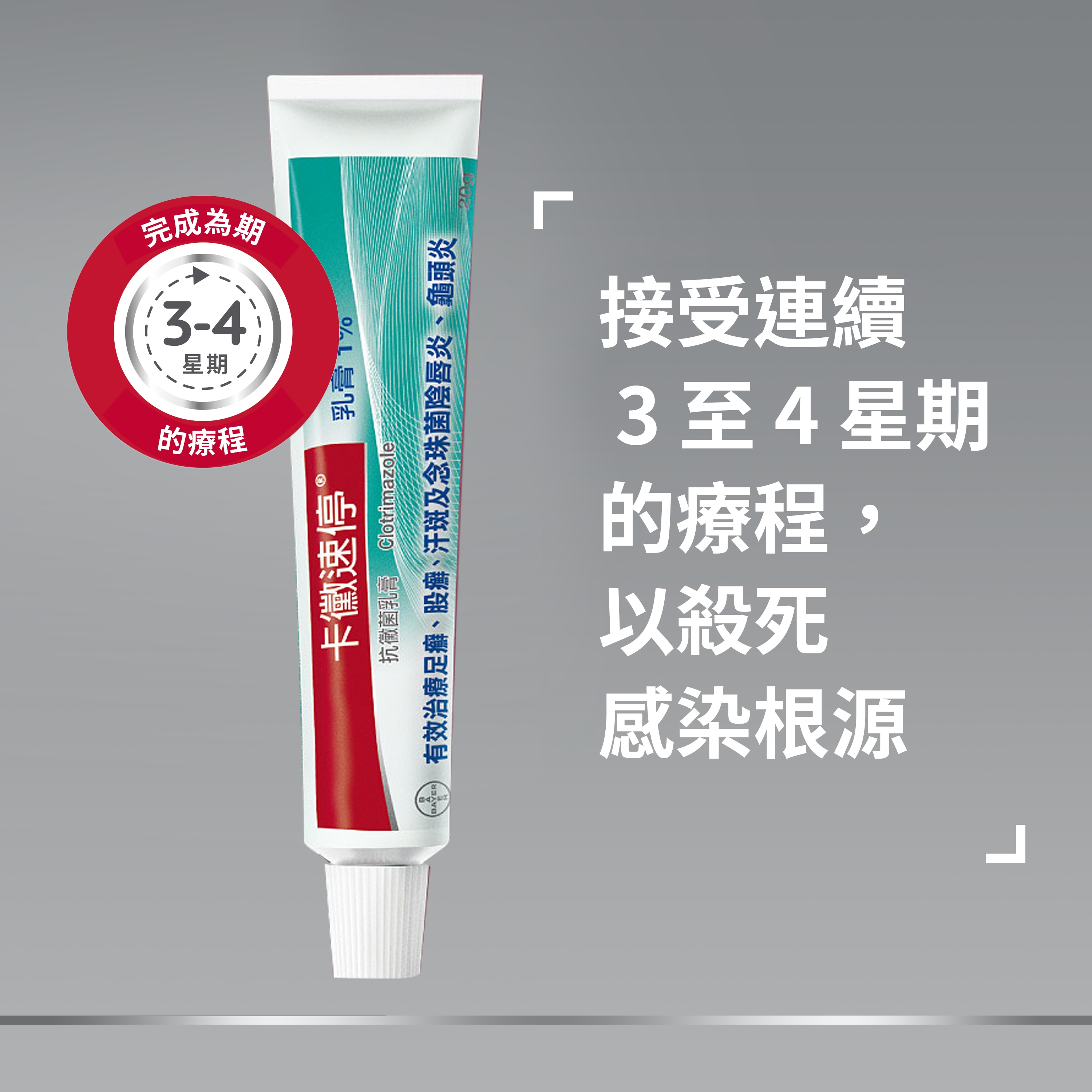 Canesten Antifungal Cream with badge on top saying: Complete 2 weeks treatment, and caption on the right: Continue treatment for 2 weeks to kill the root of the infection